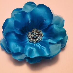 Turquoise Blue Satin Fabric Flower Pin Brooch Embellished